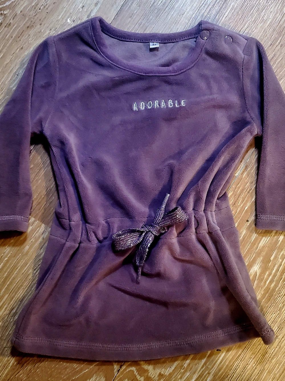 Purple Velour 'ADORABLE' Baby Girls Long Sleeve Synched Waist Dress
